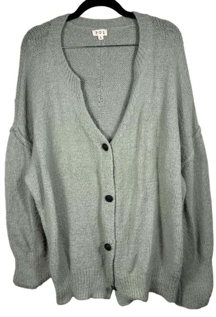 POL Women's Sage Green Oversized V-Neck Button-Front Cardigan Sweater Size L